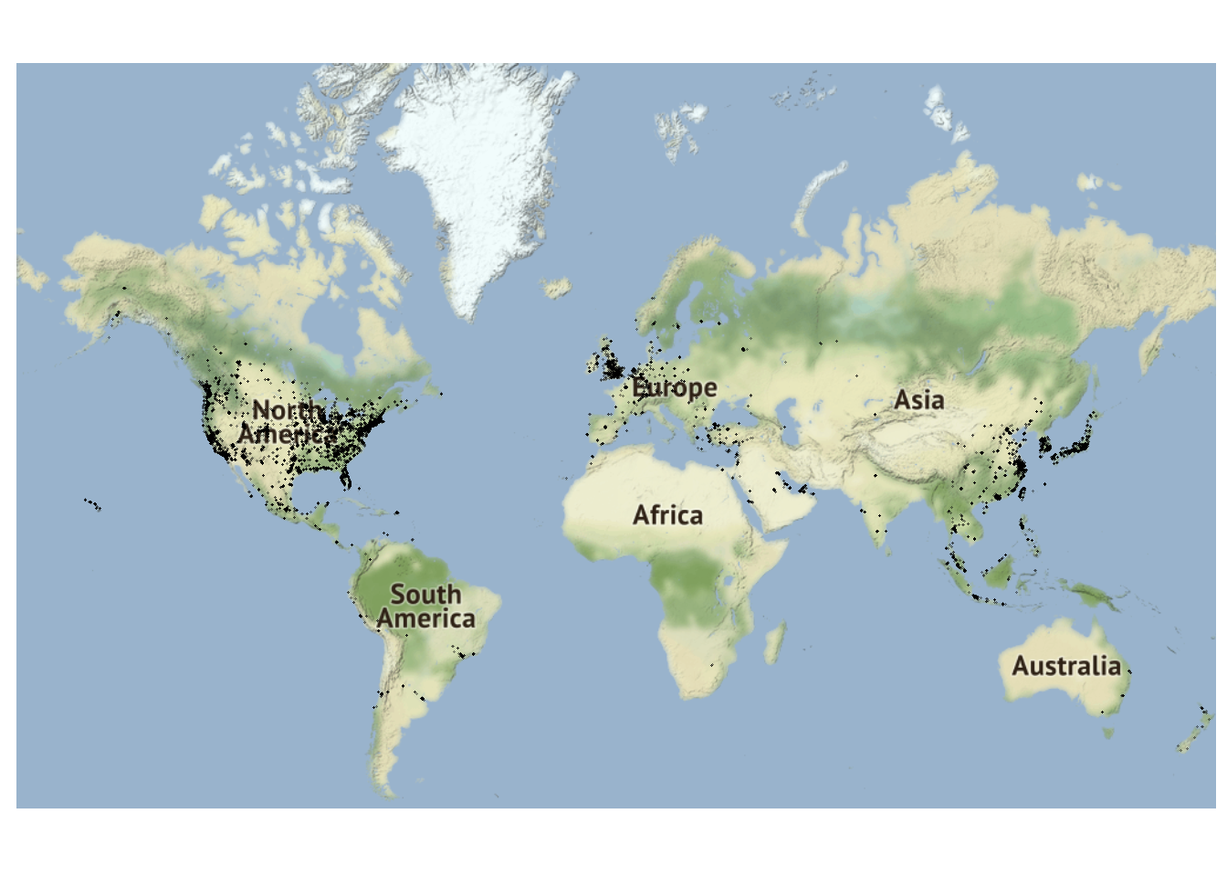 Scatterplot of Starbucks locations at time of data collection with map background. Starbucks is a global company with locations mostly in North America, Europe, and Asia.