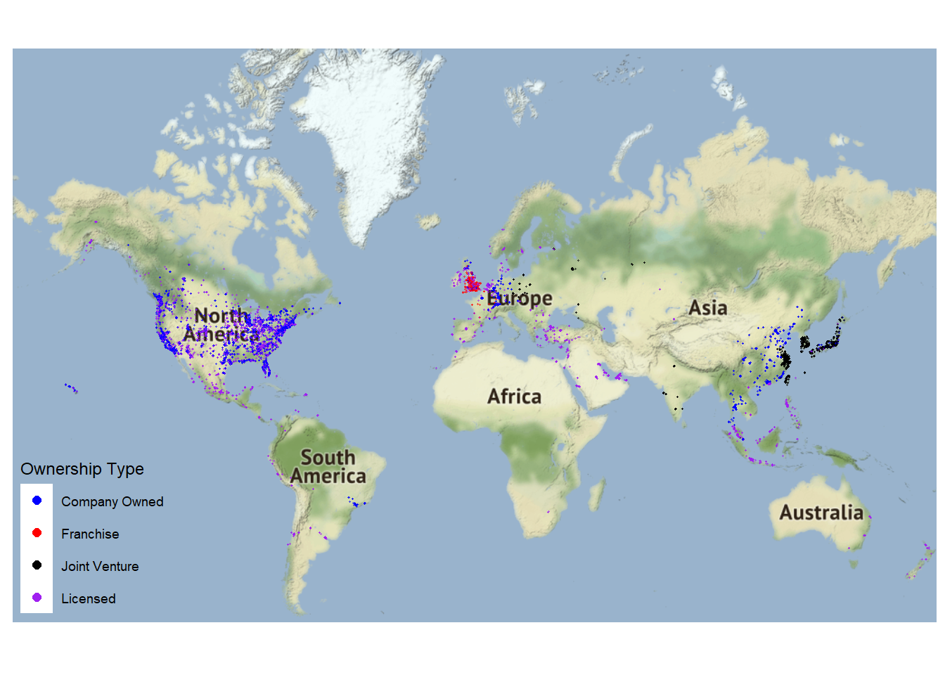 Map of Starbucks locations colored by ownership type. Most locations are company owned or licensed, some European locations are franchises, and joint ventures are only in Asia.