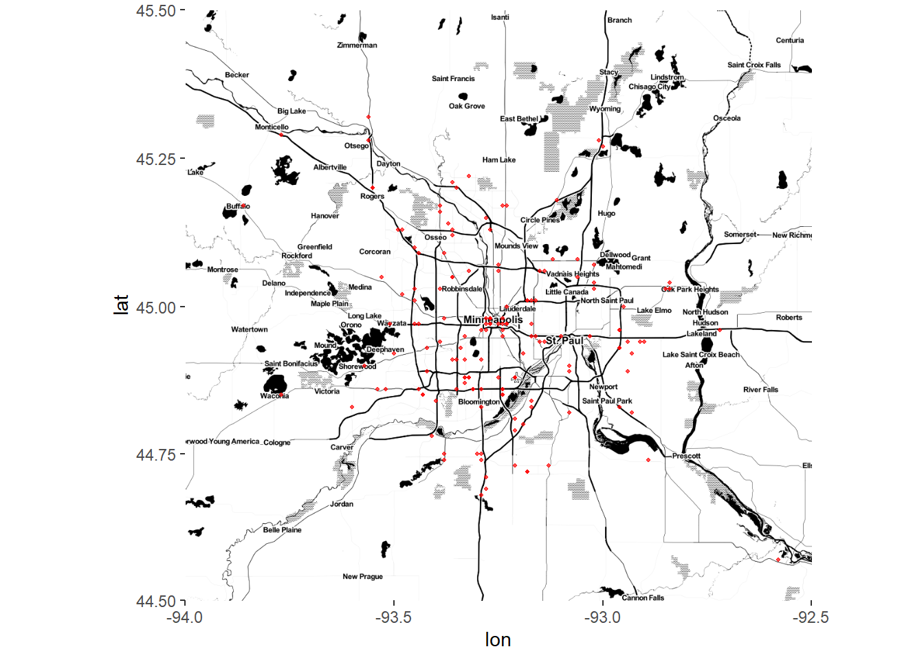 Map of Starbucks locations in the Twin Cities. Most locations are in the city centers or along major highways.