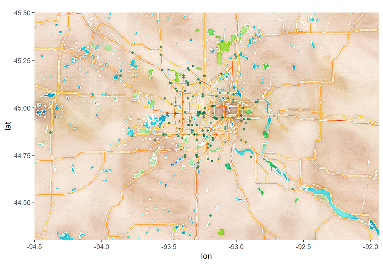 Map of Starbucks locations in the Twin Cities. Most locations are in the city centers or along major highways.