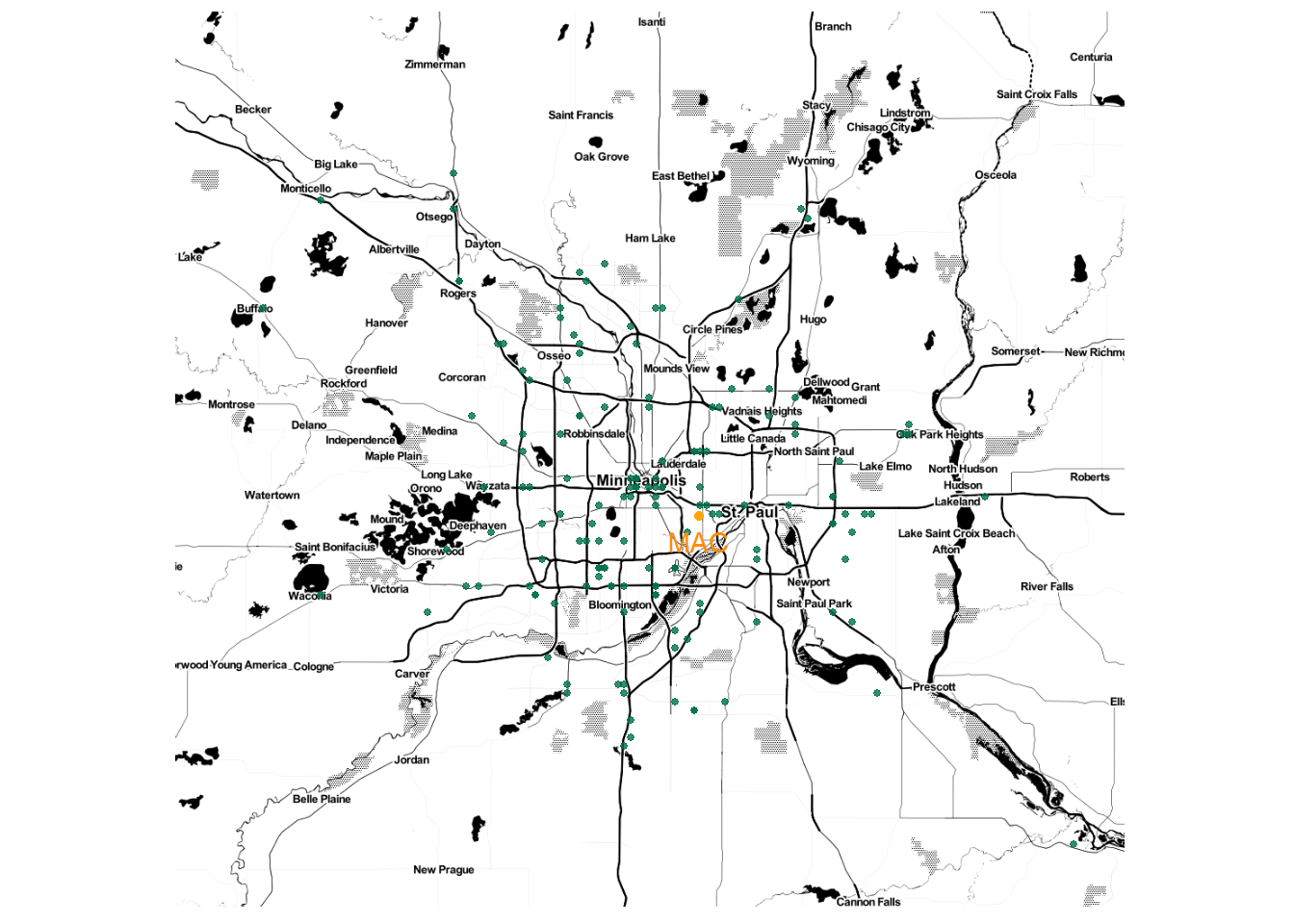 Map of Starbucks locations in the Twin Cities. Most locations are in the city centers or along major highways.