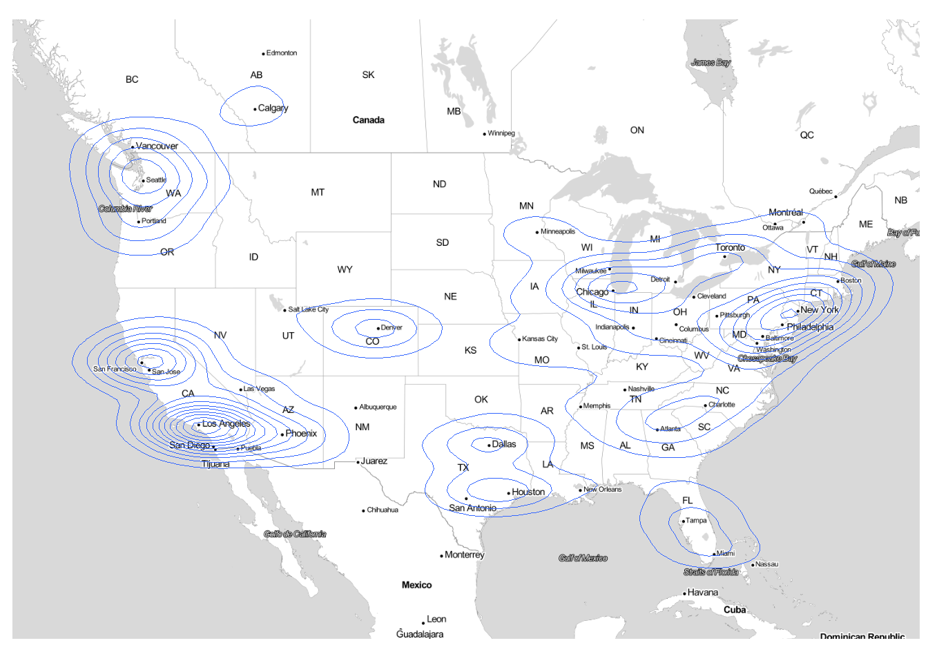 Contour map of Starbucks locations in the continental US. Most locations are in Northeast and California.