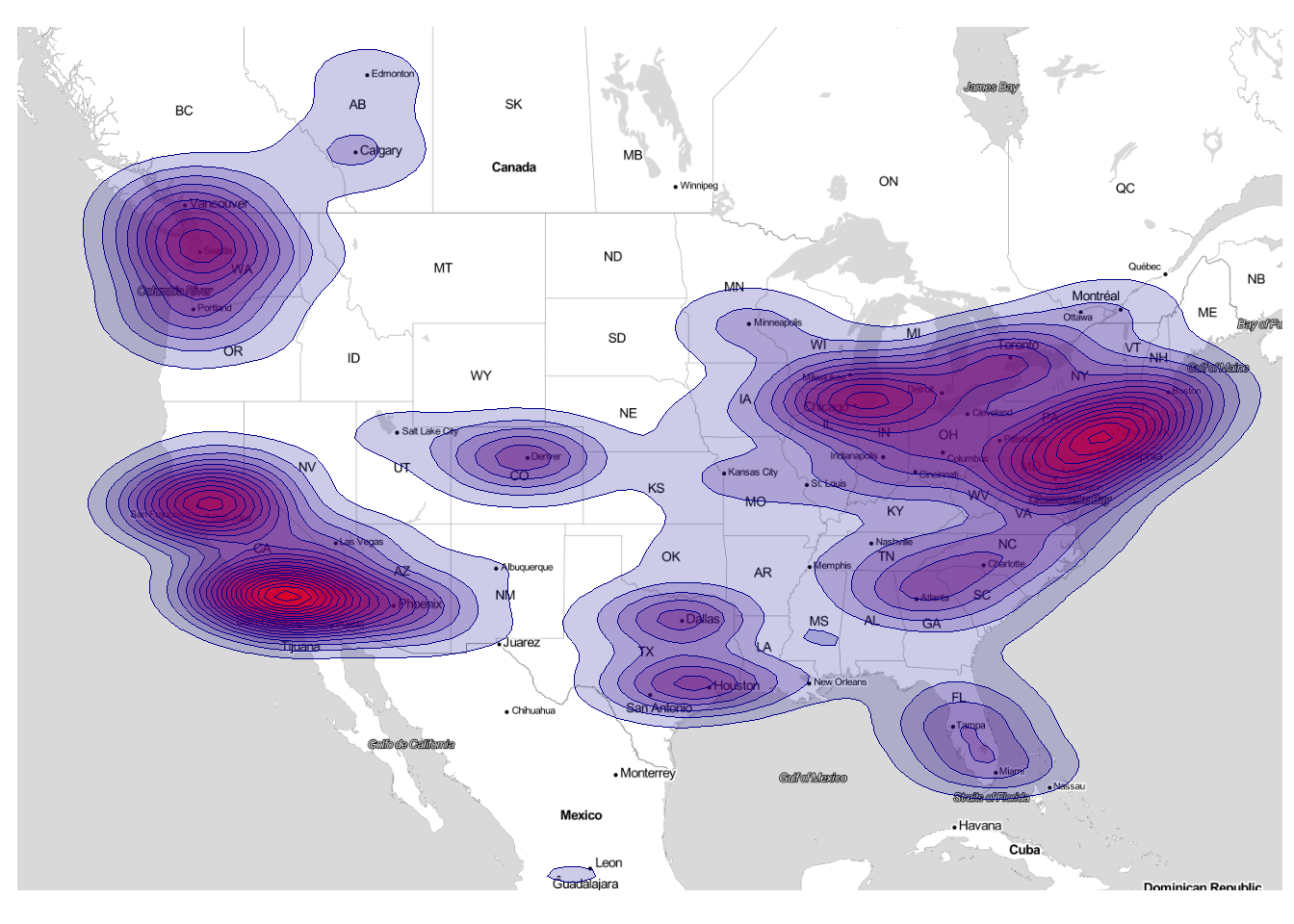 Density map of Starbucks locations in the continental US. Most locations are in Northeast and California.