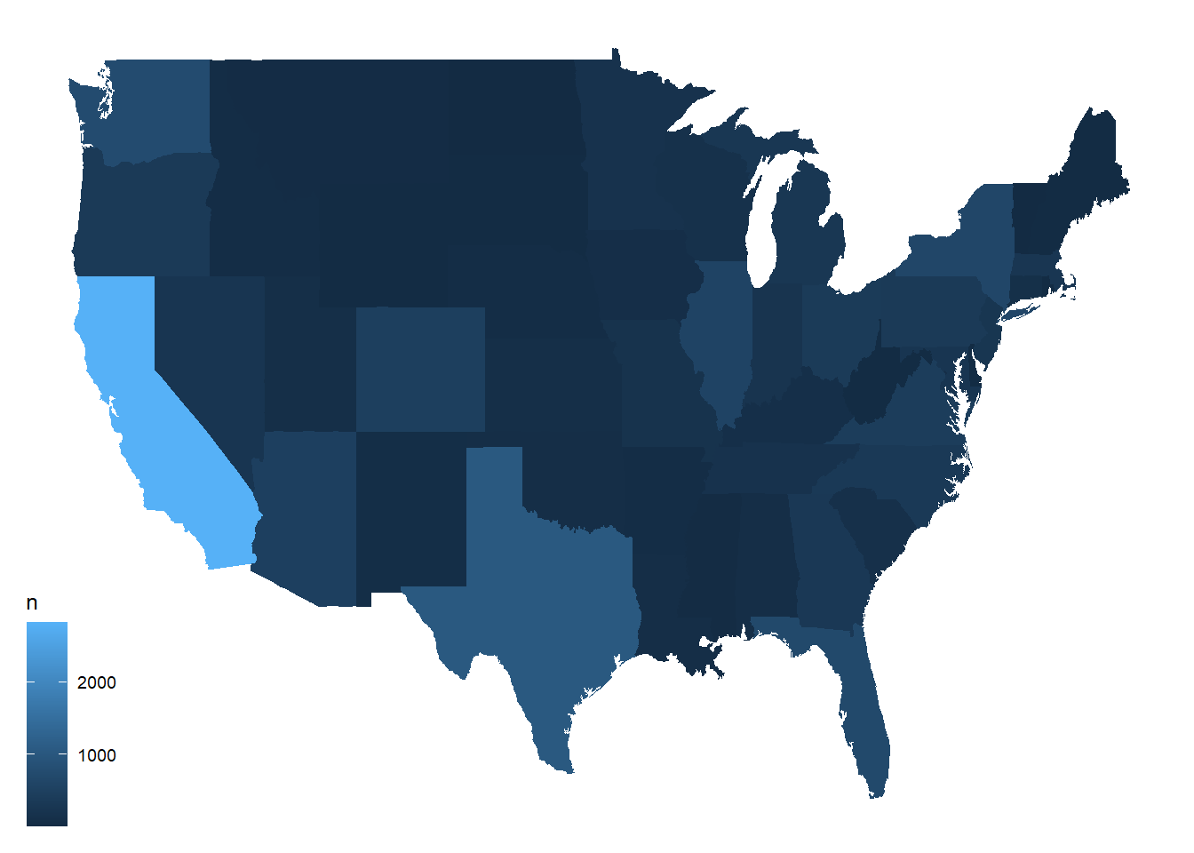 State-level choropleth map showing number of Starbucks per state. California has by far the most Starbucks locations in this dataset.