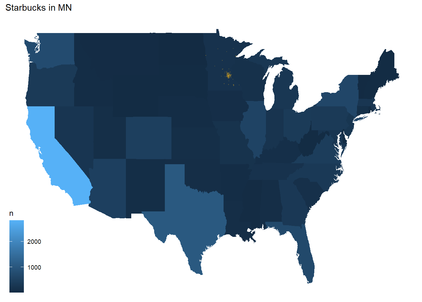 State-level choropleth map showing number of Starbucks per state and points for locations in MN. California has by far the most Starbucks locations in this dataset and the vast majority of locations in MN are in the Twin Cities Metro area.